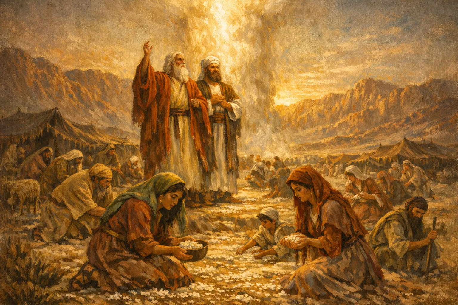 Oil painting: at dawn, Israelite families kneel to gather manna from the desert floor.